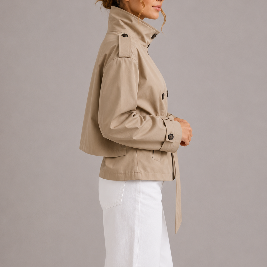 Brenna Women's Cropped Trench Coat in a stylish double-breasted design, featuring lightweight fabric perfect for layering in any season. 2