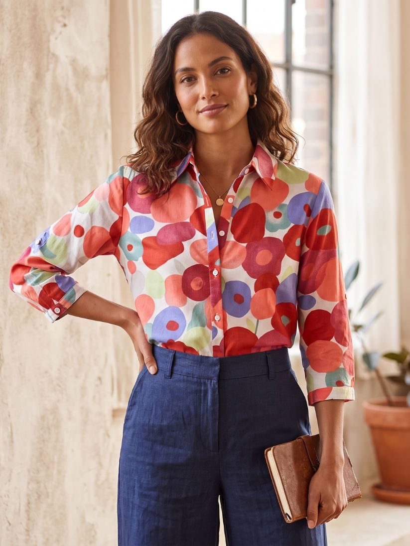 Flora Women’s Blouse featuring a vibrant floral design, long sleeves with roll-tabs, perfect for casual or office wear. 2
