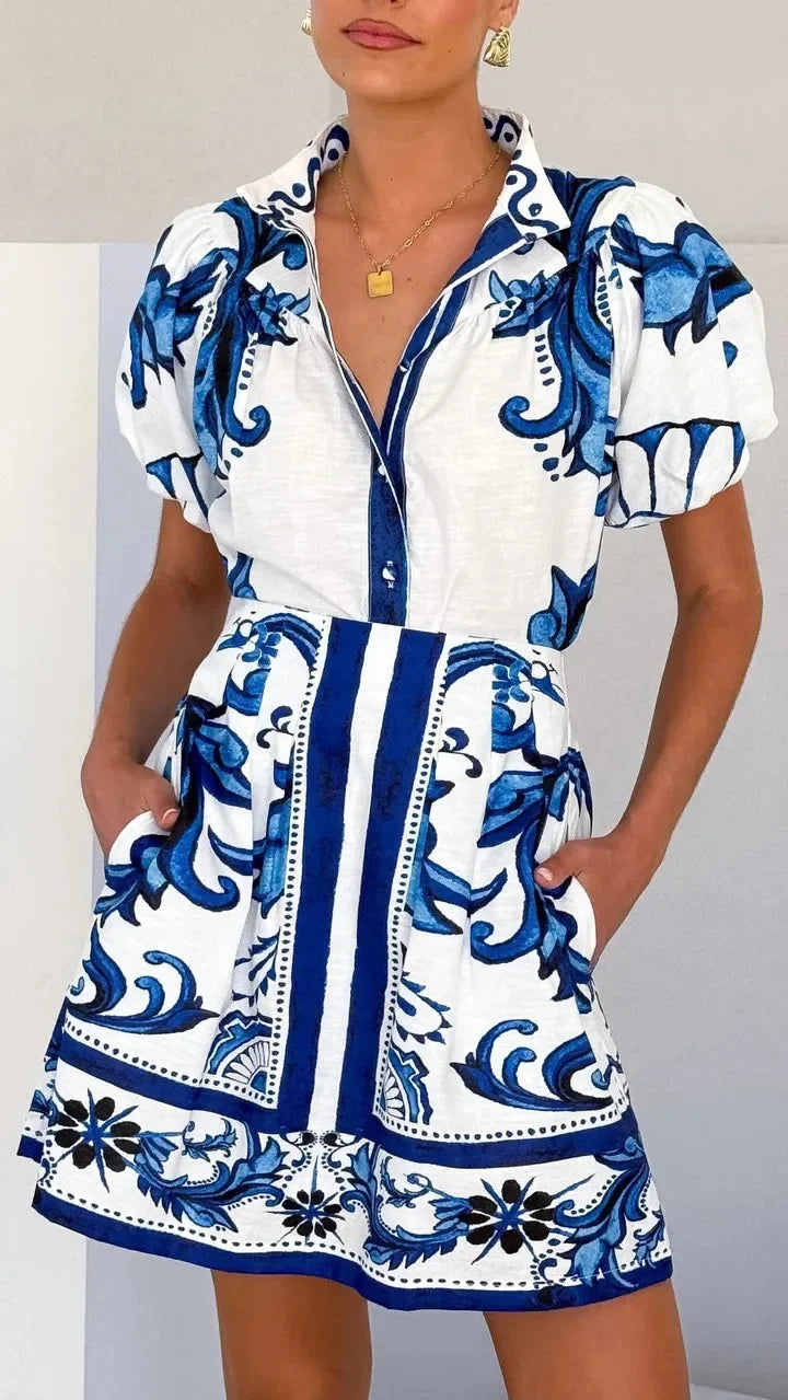 Flora Women's Mini Dress featuring stylish puff sleeves and an elegant baroque floral print, perfect for spring and summer outings. 11