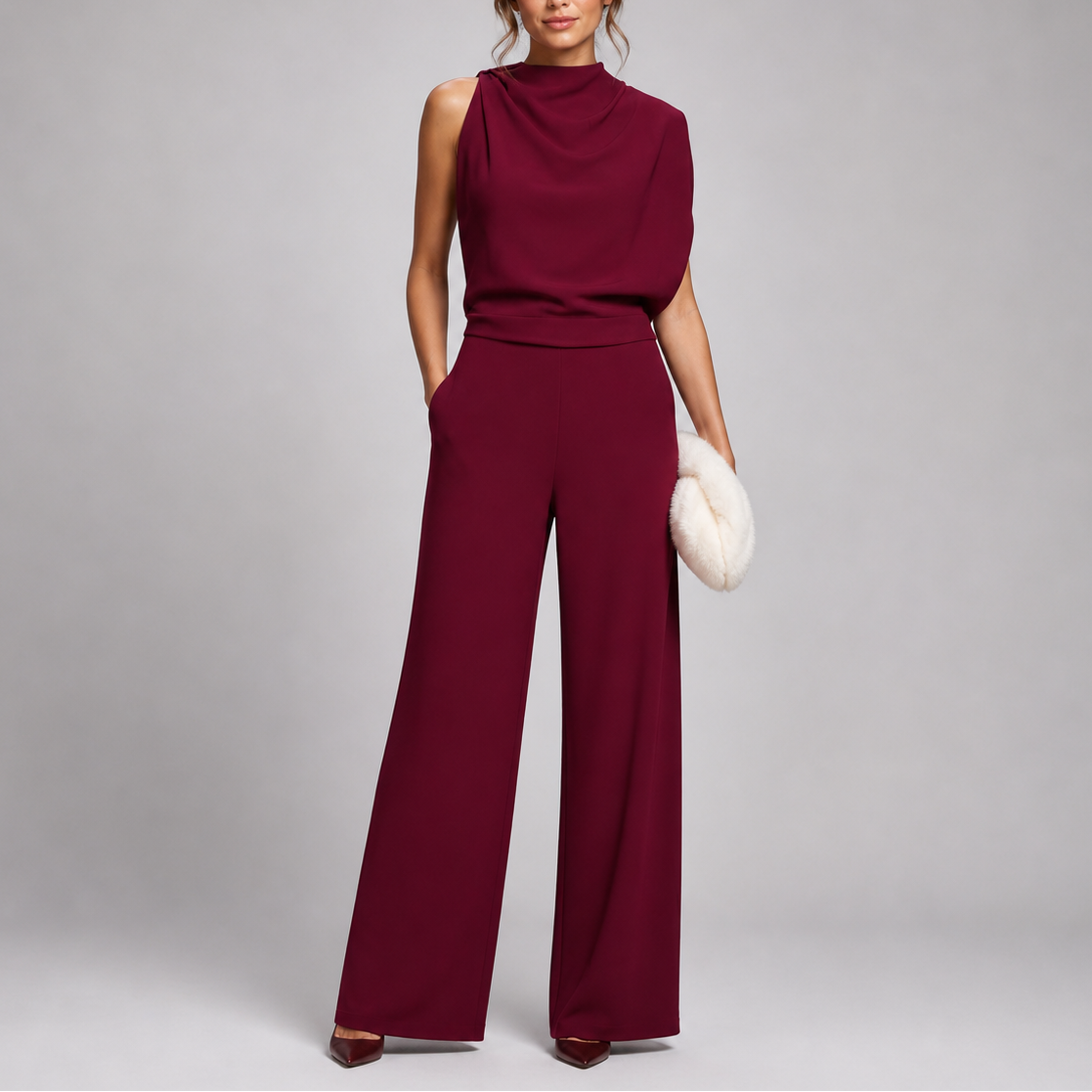 Juno Women’s Jumpsuit featuring a sleeveless high neck design and stylish wide-leg trousers, perfect for casual or formal occasions. 6