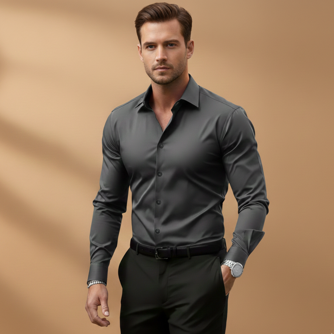 Maverick Men's Dress Shirt featuring a structured collar and buttoned cuffs, ideal for formal occasions and professional settings. 9