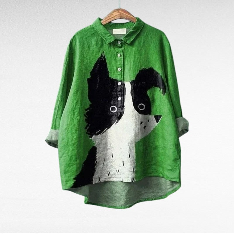 Meadow Women’s Vintage-Chic Blouse featuring a playful dog print design, perfect for casual outings and animal lovers. 0