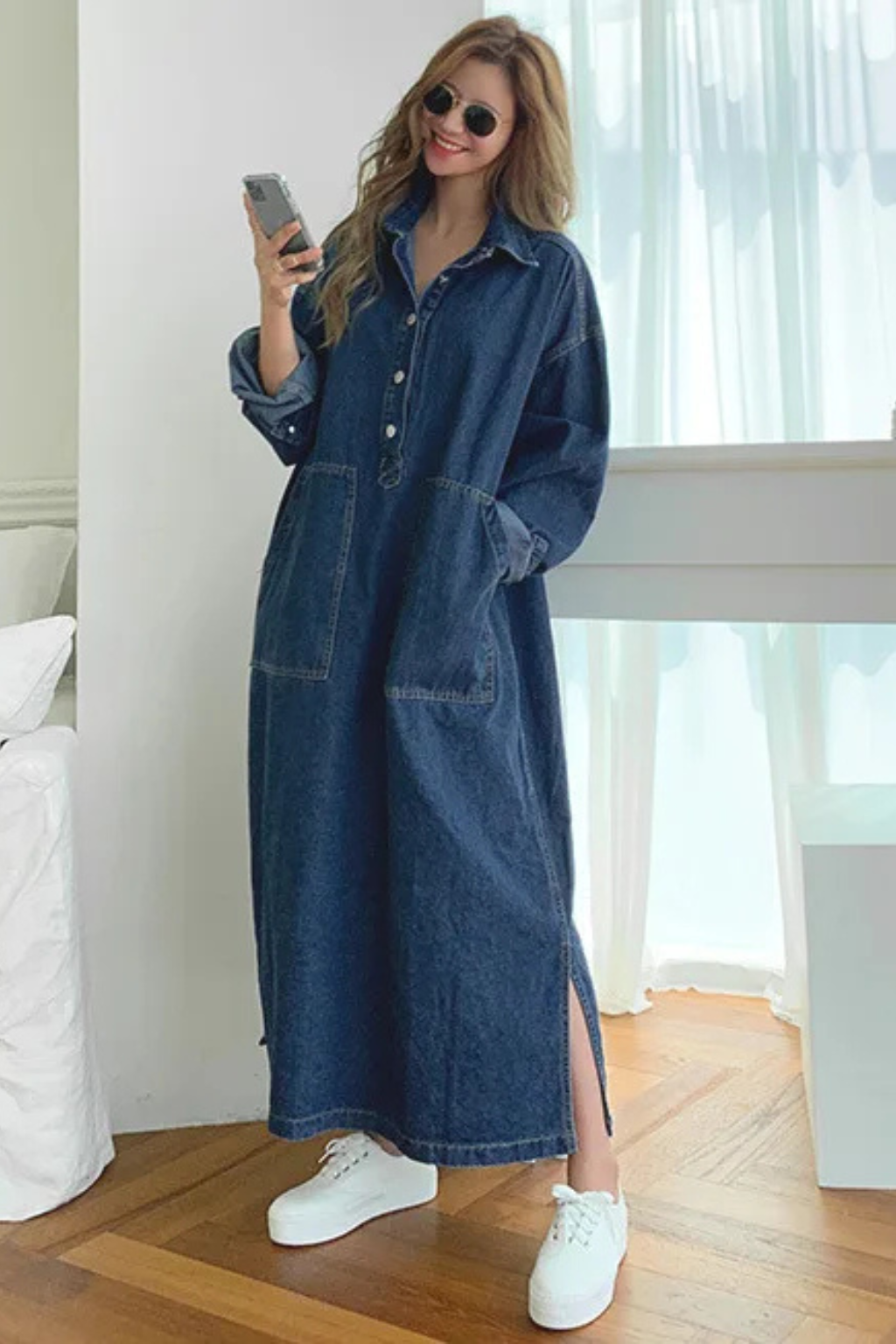 Mira Women's Maxi Dress featuring an oversized silhouette and stylish collared design, perfect for casual or formal occasions. 5