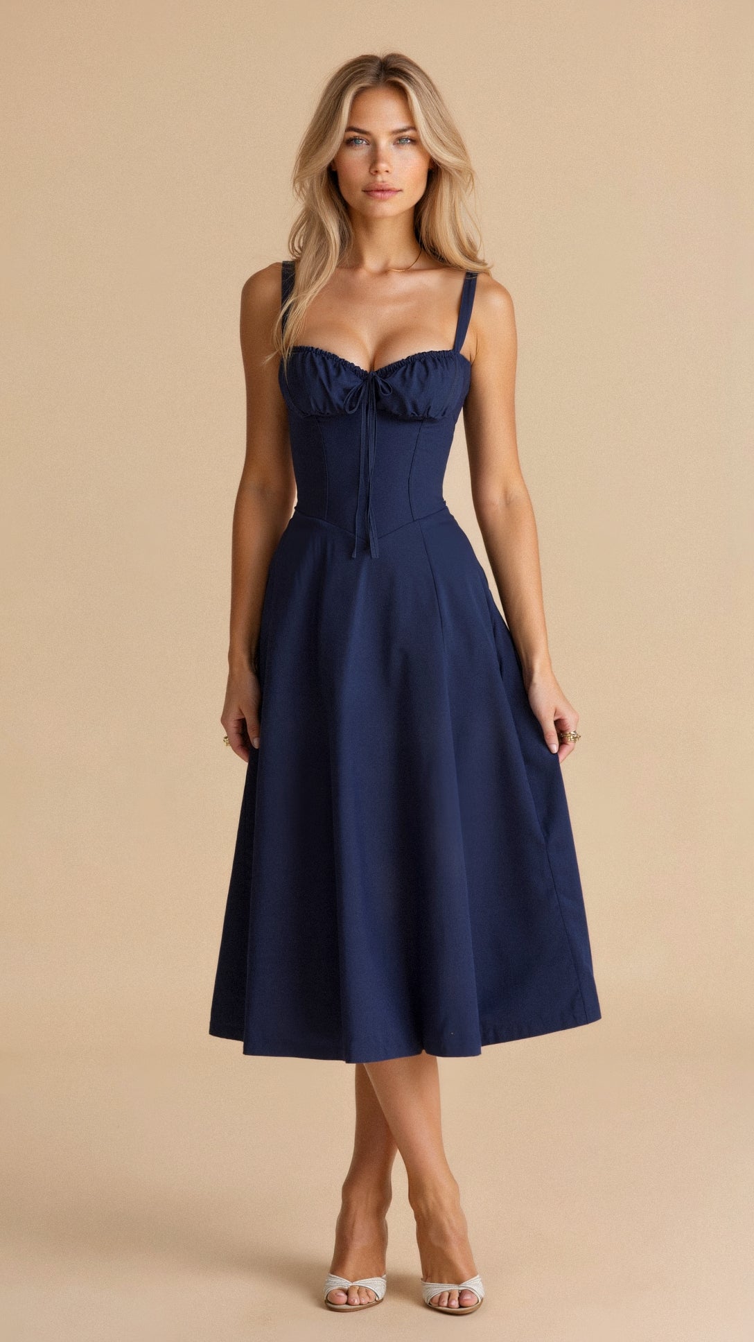 Mira Women’s Midi Dress featuring a stylish corset bodice and a flowing skirt, perfect for elegant occasions and summer outings. 11