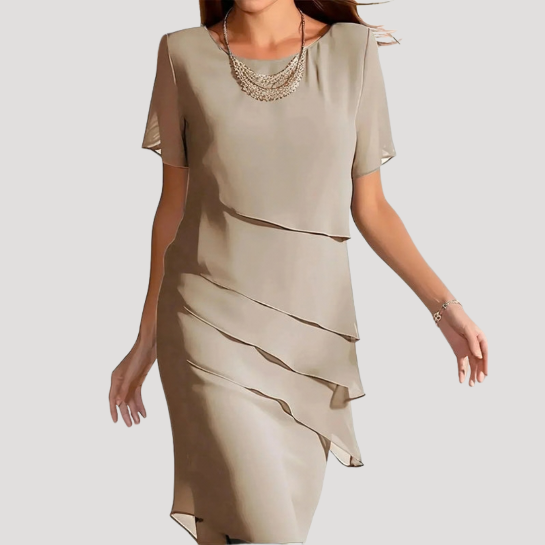 Mira Women’s Midi Dress featuring a stylish layered chiffon overlay and elegant short sleeves, perfect for casual outings or special occasions. 3