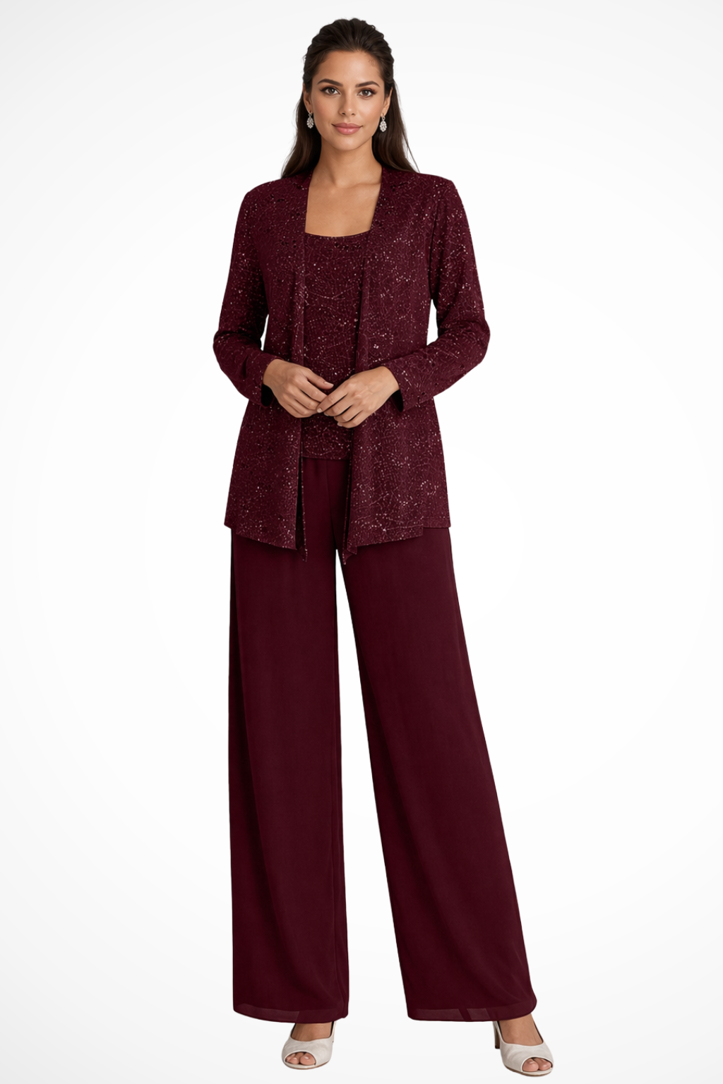 Mira Women’s Sequin Jacket Suit featuring elegant wide leg trousers and intricate lace detail, perfect for formal events and special occasions. 10