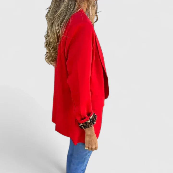 Rosavionne Women’s Blazer featuring a tailored silhouette and reversible leopard lining, perfect for stylish versatility and sophisticated fashion. 5