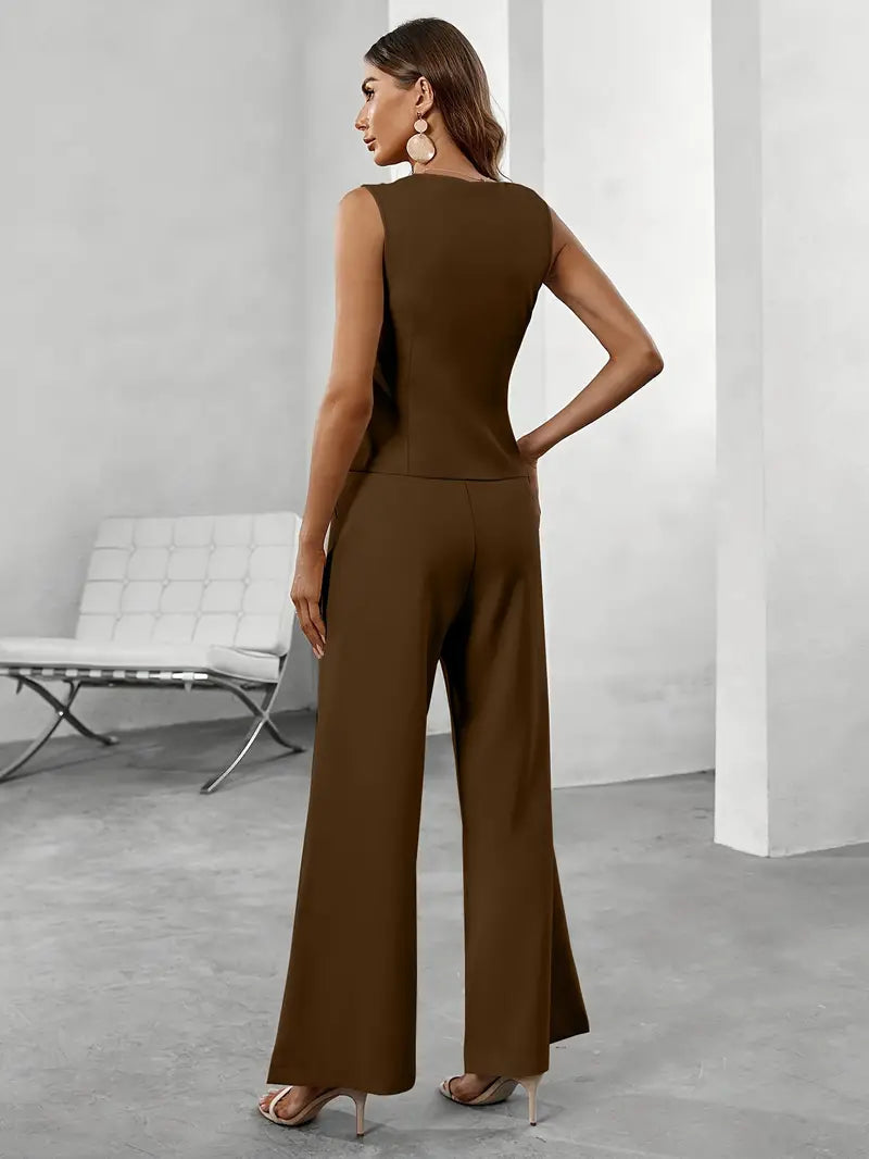 Rova Women’s Vest and Wide Leg Trousers Set featuring stylish button detail, perfect for chic casual wear and versatile outfits. 8