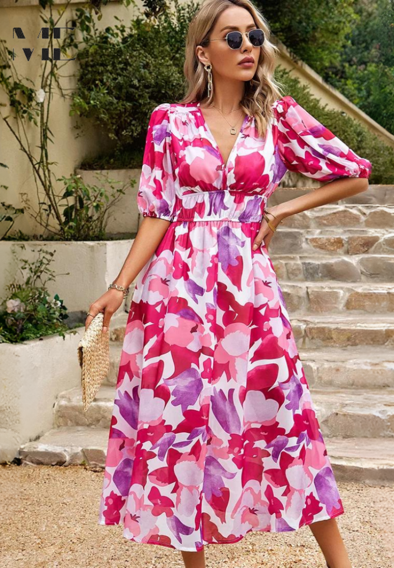 Roxy Women’s Midi Dress featuring a vibrant floral print and stylish puff sleeves, perfect for summer outings and casual gatherings. 10