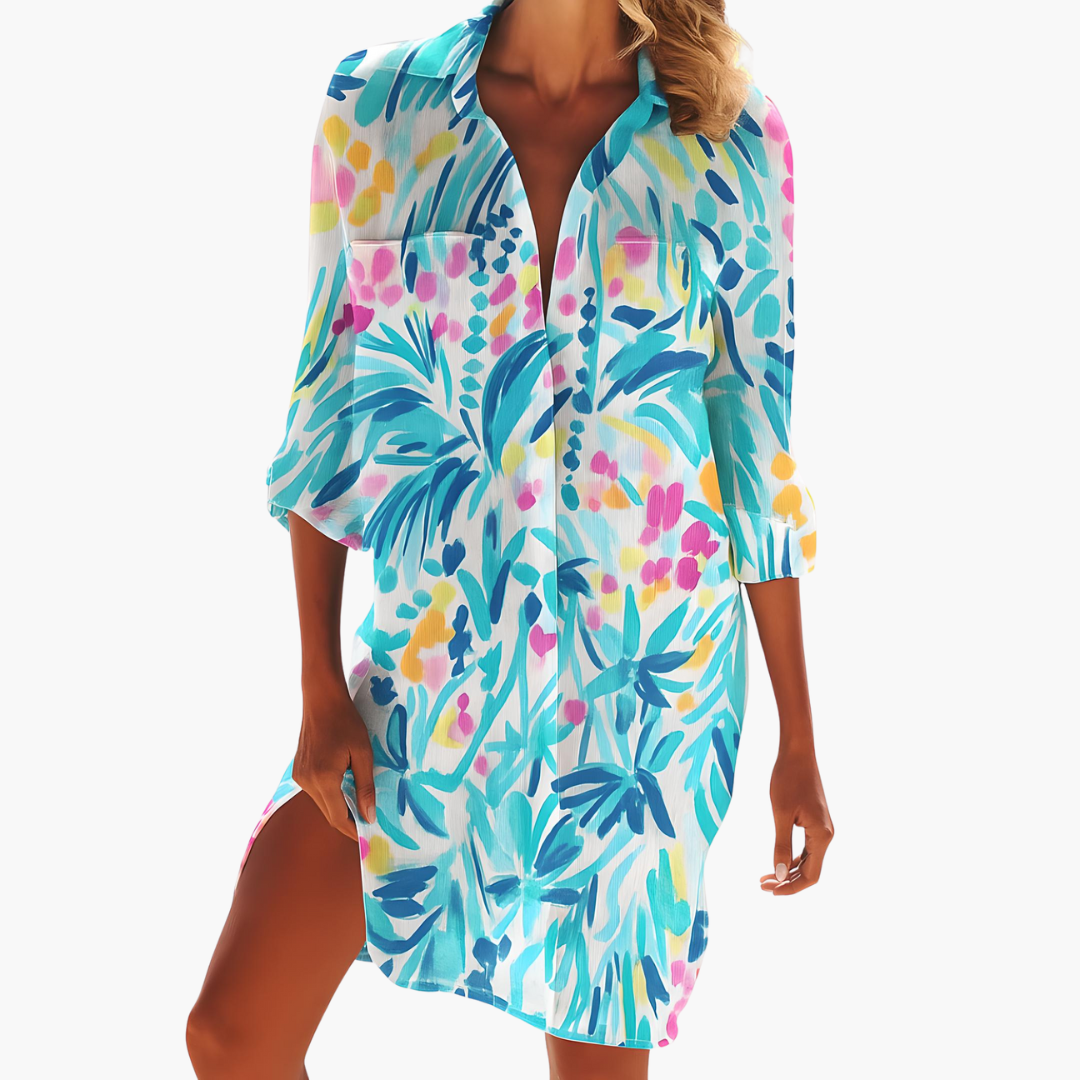 Sera Women’s Summer Dress featuring long sleeves and a stylish button placket, perfect for warm weather fashion. 9