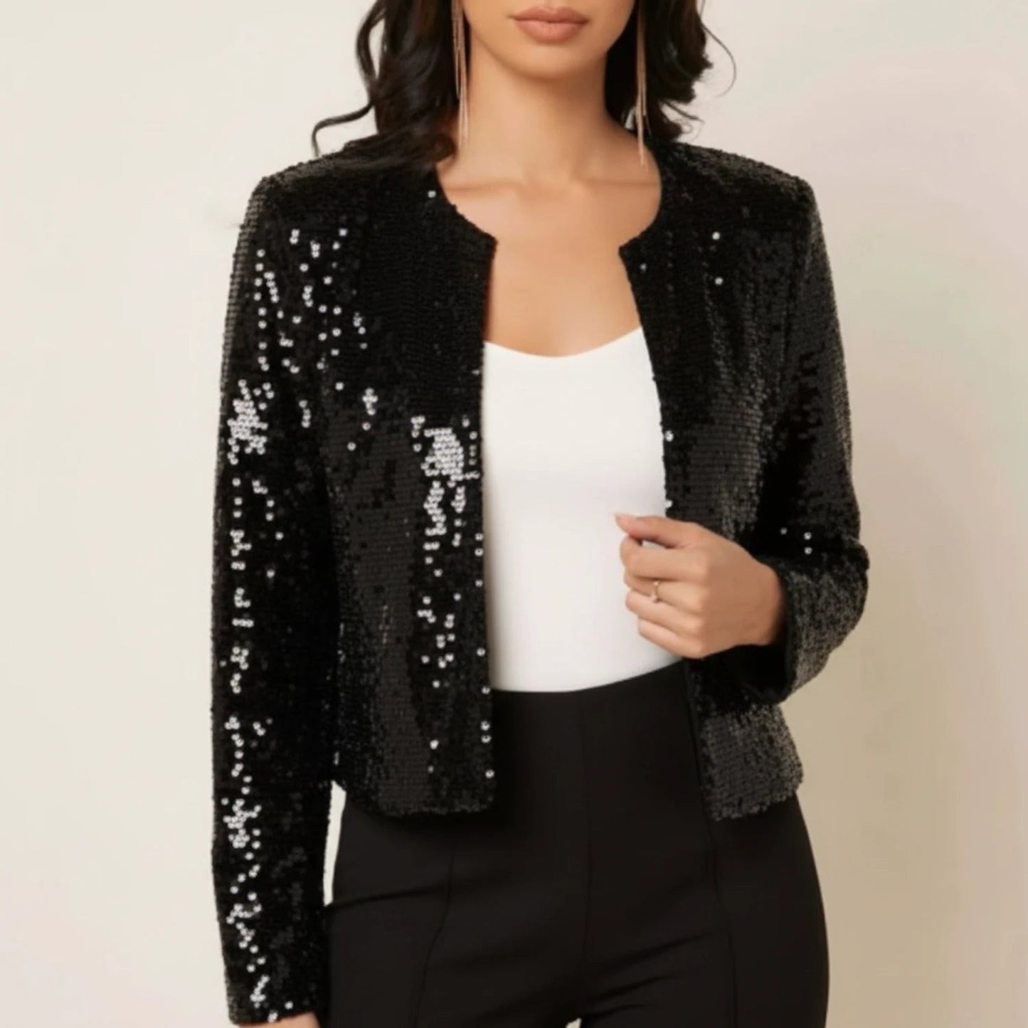 Sera Women's Evening Jacket featuring an open front and a stunning sequin design, perfect for adding glamour to any formal outfit. 2