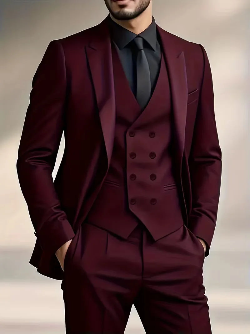 Sleek men's suit set featuring a slim fit design and double-breasted waistcoat, perfect for weddings and formal events. 11