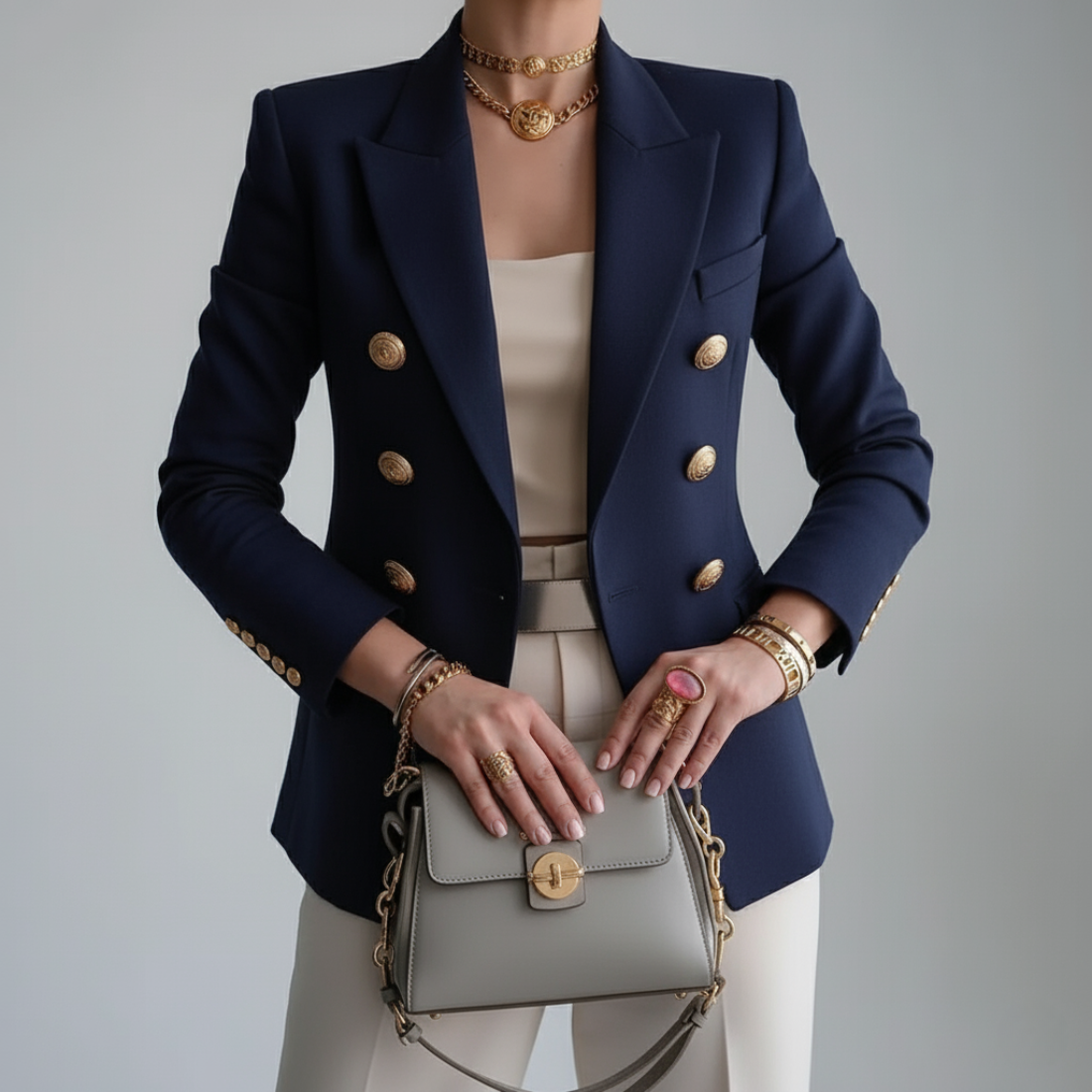 Sleek women's blazer featuring a stylish double-breasted design adorned with elegant gold buttons, perfect for professional and formal occasions. 1