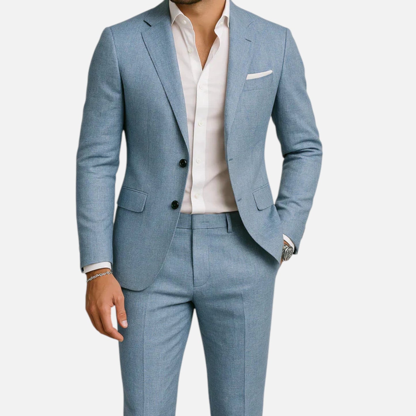 Valmonti Men's Suit featuring a lightweight breathable design and relaxed silhouette, perfect for comfort and style in any formal setting. 4