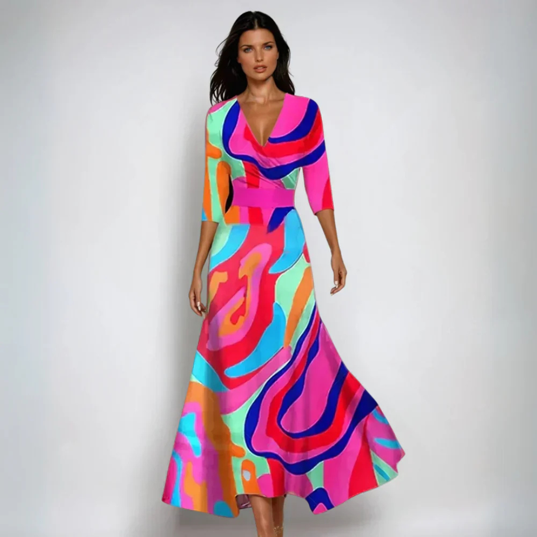 Women’s Floral Print Maxi Dress with V-Neck and Waist Tie