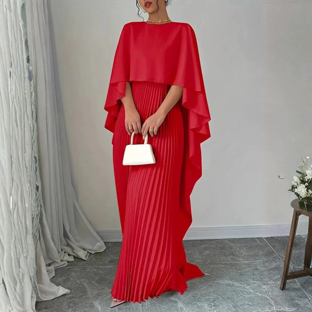 Women’s Round Neck Cape Sleeve Maxi Dress with Pleated Skirt