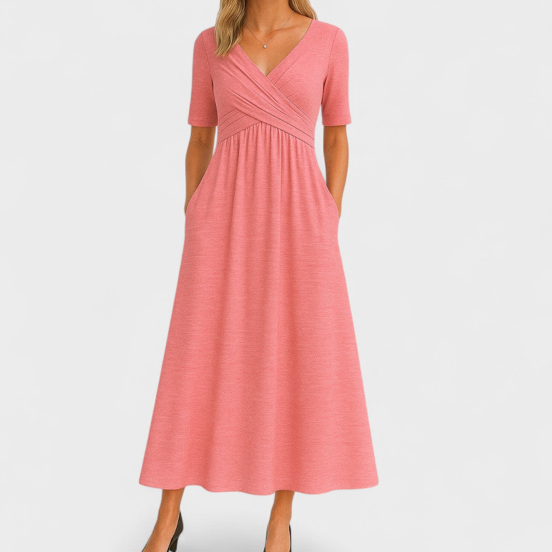 Women’s V-Neck Short Sleeve Midi Dress with Cross Waist