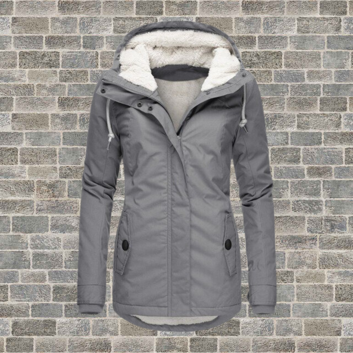 Adelaide Women’s Coat featuring a hood and stylish pleated detailing, perfect for chic and cozy winter looks. 0