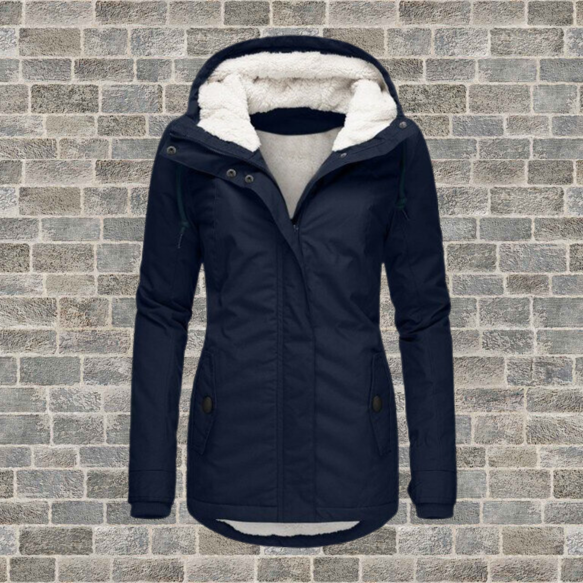 Adelaide Women’s Coat featuring a hood and stylish pleated detailing, perfect for chic and cozy winter looks. 1