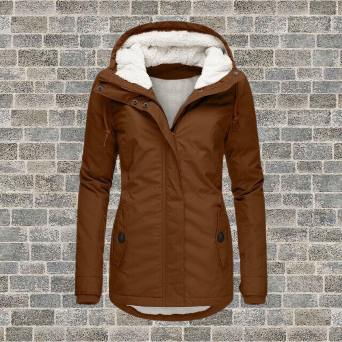 Adelaide Women’s Coat featuring a hood and stylish pleated detailing, perfect for chic and cozy winter looks. 2