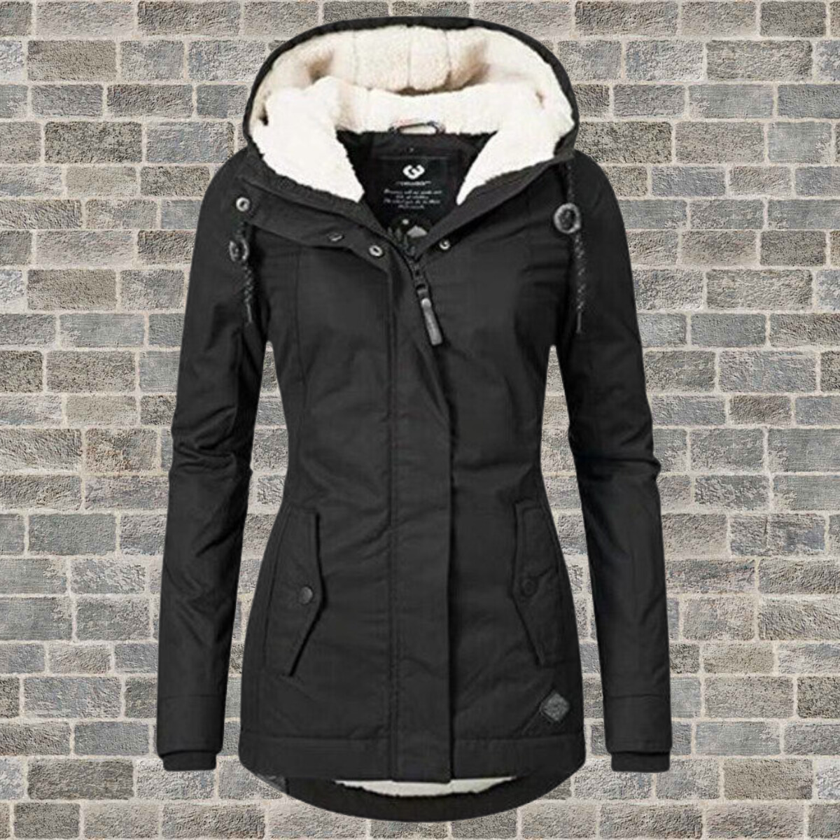 Adelaide Women’s Coat featuring a hood and stylish pleated detailing, perfect for chic and cozy winter looks. 3