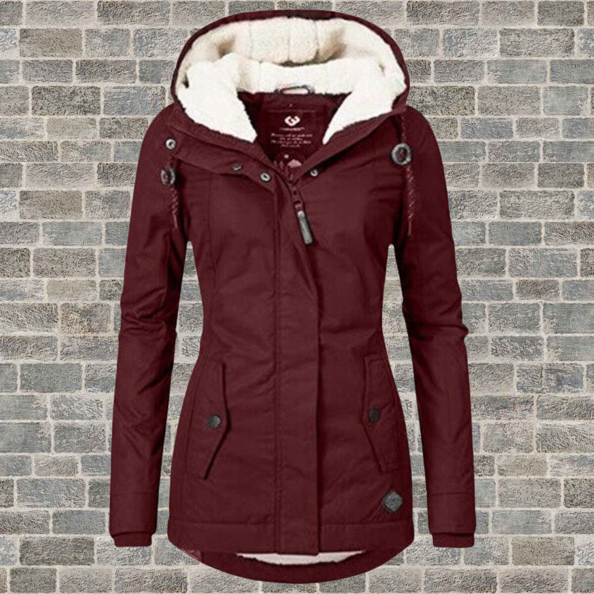 Adelaide Women’s Coat featuring a hood and stylish pleated detailing, perfect for chic and cozy winter looks. 4
