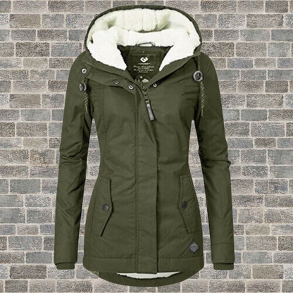 Adelaide Women’s Coat featuring a hood and stylish pleated detailing, perfect for chic and cozy winter looks. 5