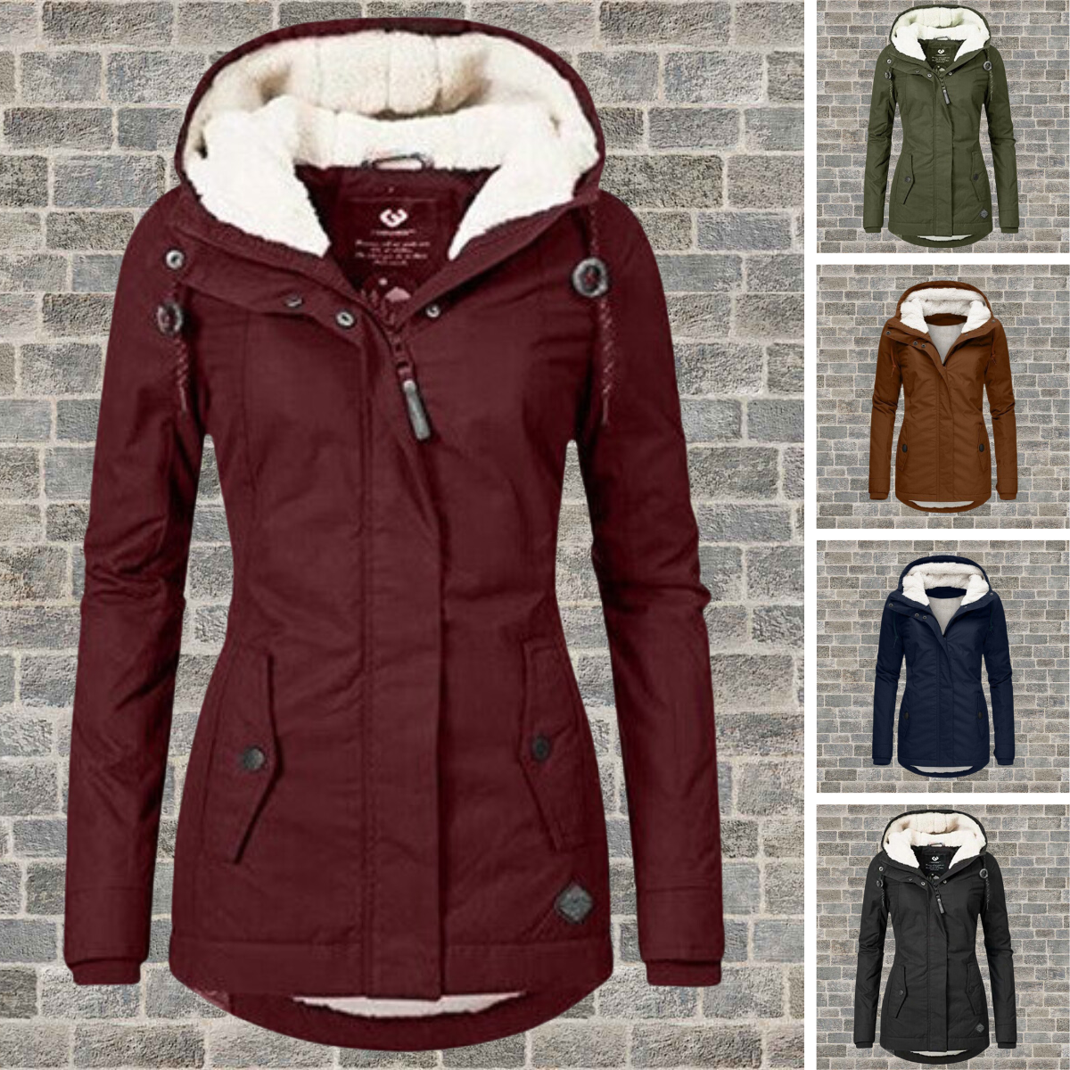 Adelaide Women’s Coat featuring a hood and stylish pleated detailing, perfect for chic and cozy winter looks. 6
