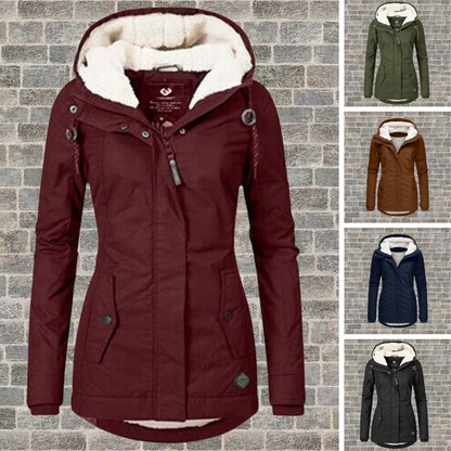Adelaide Women’s Coat featuring a hood and stylish pleated detailing, perfect for chic and cozy winter looks. 6