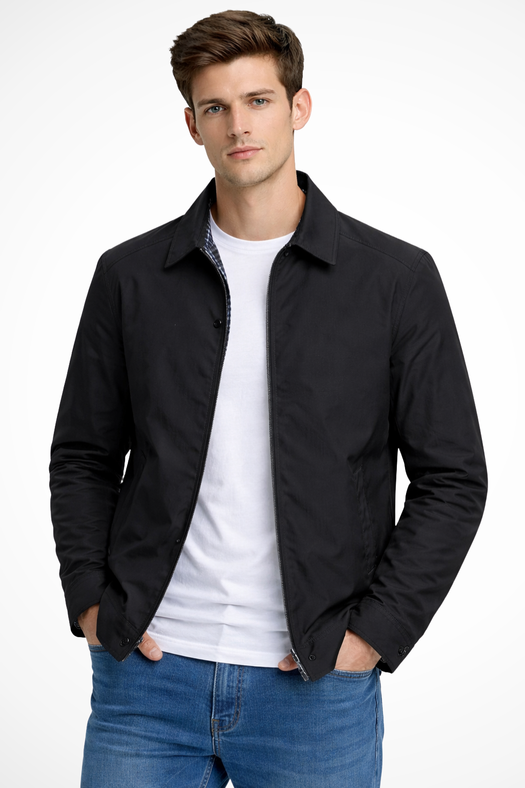 Alto Men’s Harrington Jacket featuring a stylish collared design and classic check lining, perfect for casual and smart-casual outfits. 3