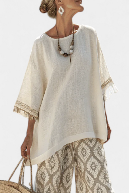 Alverra Women’s Outfit featuring stylish fringe accents and ethnic print trousers, perfect for a trendy and bohemian look. 1