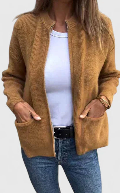 Anzhelynn Women's Jacket featuring a stylish round neck design and convenient zipper closure, perfect for versatile layering and casual outings. 1