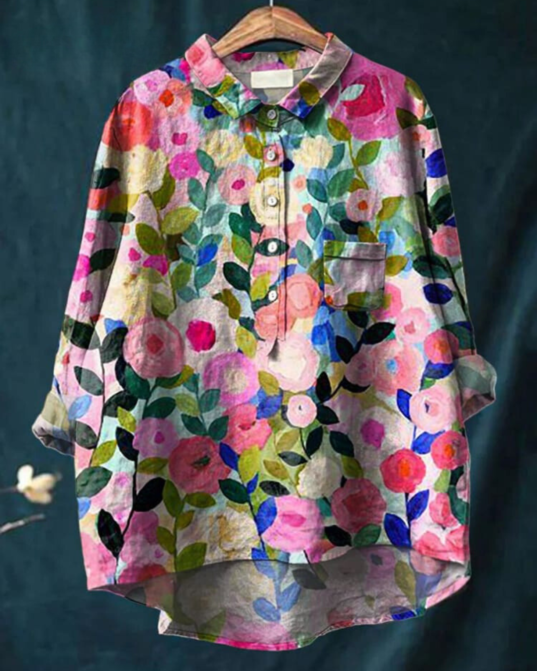 Aura Women's Blouse featuring a stylish abstract floral print and a button front design, perfect for casual or semi-formal occasions. 0