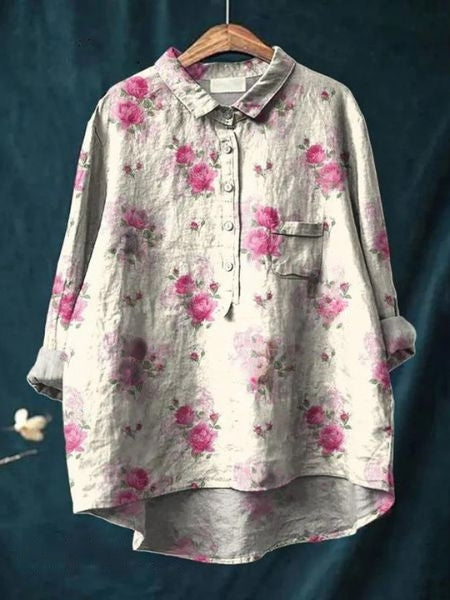 Aura Women's Blouse featuring a stylish abstract floral print and a button front design, perfect for casual or semi-formal occasions. 11
