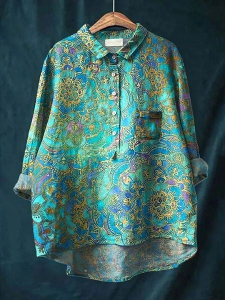 Aura Women's Blouse featuring a stylish abstract floral print and a button front design, perfect for casual or semi-formal occasions. 12