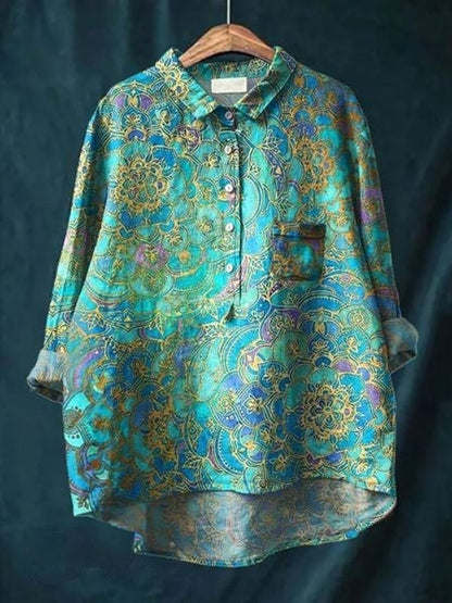 Aura Women's Blouse featuring a stylish abstract floral print and a button front design, perfect for casual or semi-formal occasions. 12