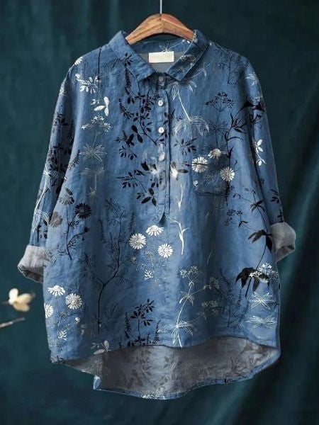 Aura Women's Blouse featuring a stylish abstract floral print and a button front design, perfect for casual or semi-formal occasions. 14