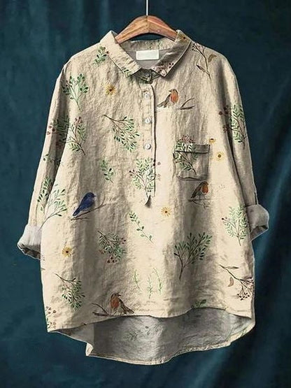 Aura Women's Blouse featuring a stylish abstract floral print and a button front design, perfect for casual or semi-formal occasions. 4