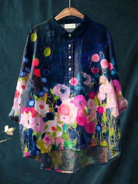 Aura Women's Blouse featuring a stylish abstract floral print and a button front design, perfect for casual or semi-formal occasions. 5