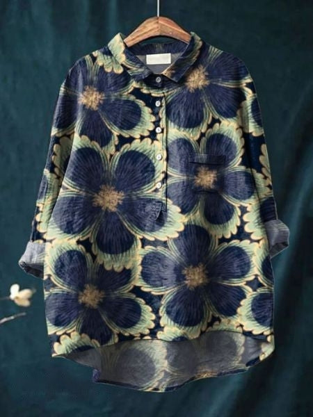 Aura Women's Blouse featuring a stylish abstract floral print and a button front design, perfect for casual or semi-formal occasions. 6