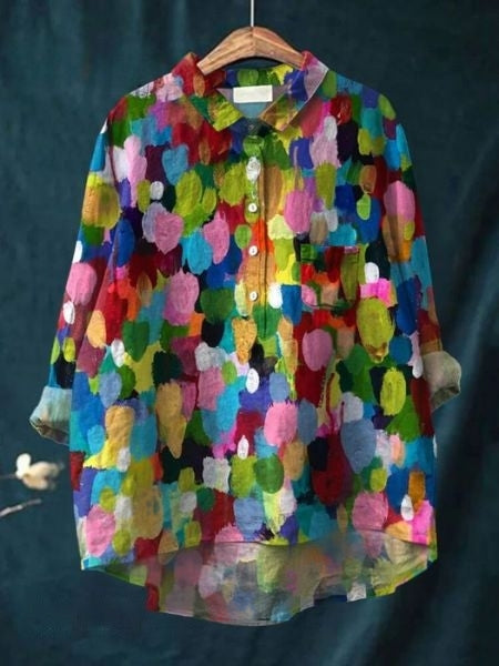 Aura Women's Blouse featuring a stylish abstract floral print and a button front design, perfect for casual or semi-formal occasions. 7
