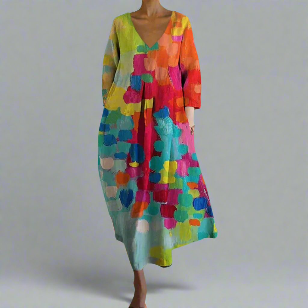 Aura Women’s Maxi Dress featuring a stylish abstract print and elegant V-neck design, perfect for summer outings and special occasions. 0