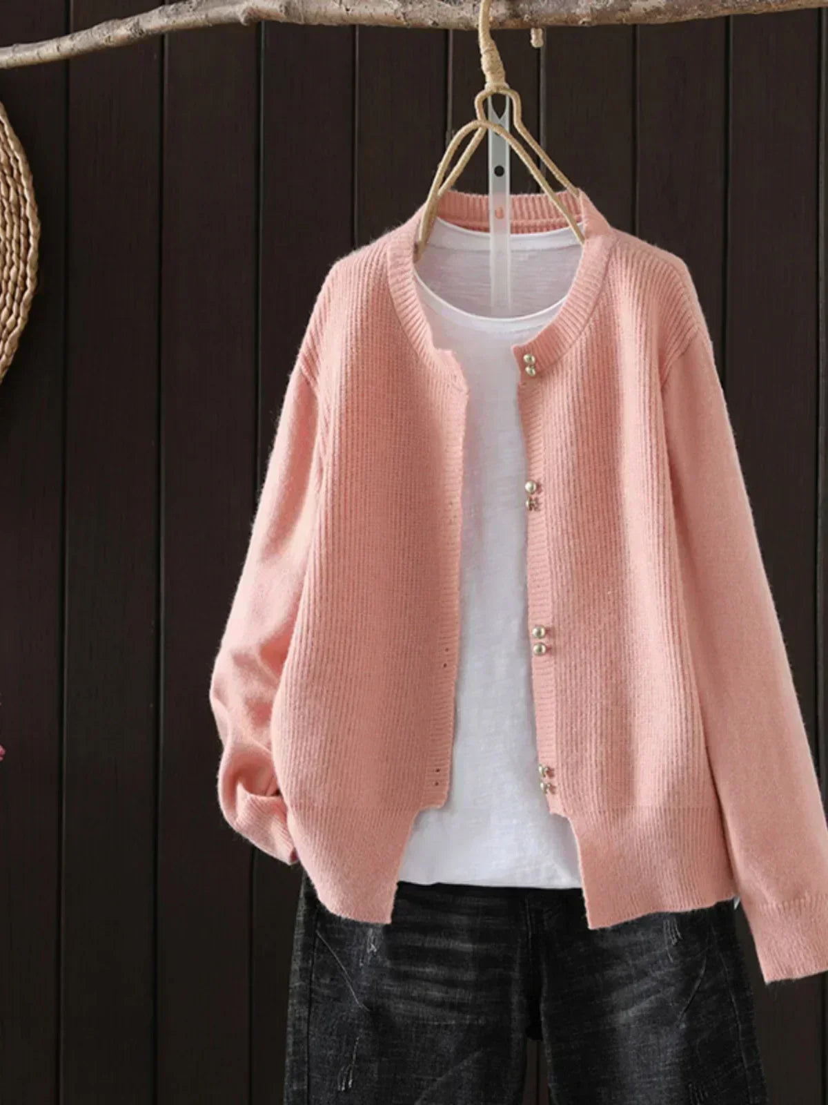 Auri Women’s Cardigan featuring elegant pearl-inspired buttons and a relaxed fit, perfect for stylish layering in any season. 2