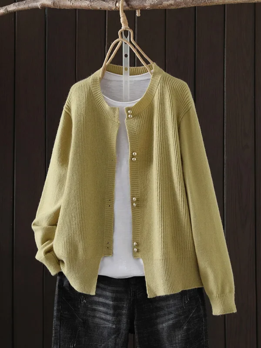 Auri Women’s Cardigan featuring elegant pearl-inspired buttons and a relaxed fit, perfect for stylish layering in any season. 5