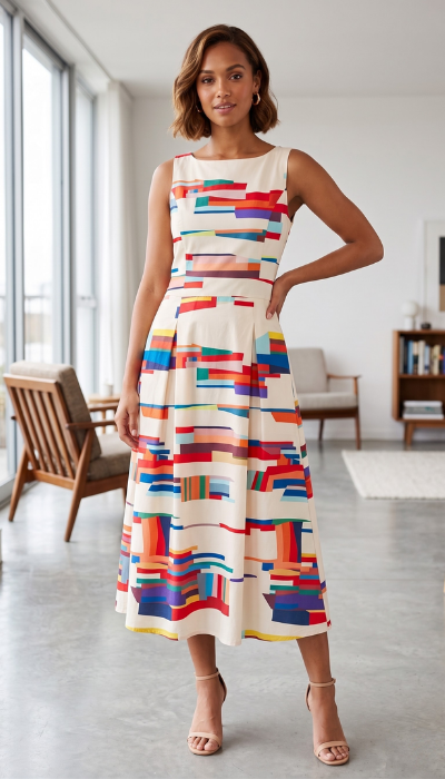 Ava Women’s Maxi Dress featuring a vibrant geometric print, designed with a flattering silhouette for a stylish and comfortable fit. 0