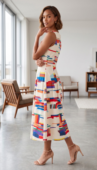 Ava Women’s Maxi Dress featuring a vibrant geometric print, designed with a flattering silhouette for a stylish and comfortable fit. 1