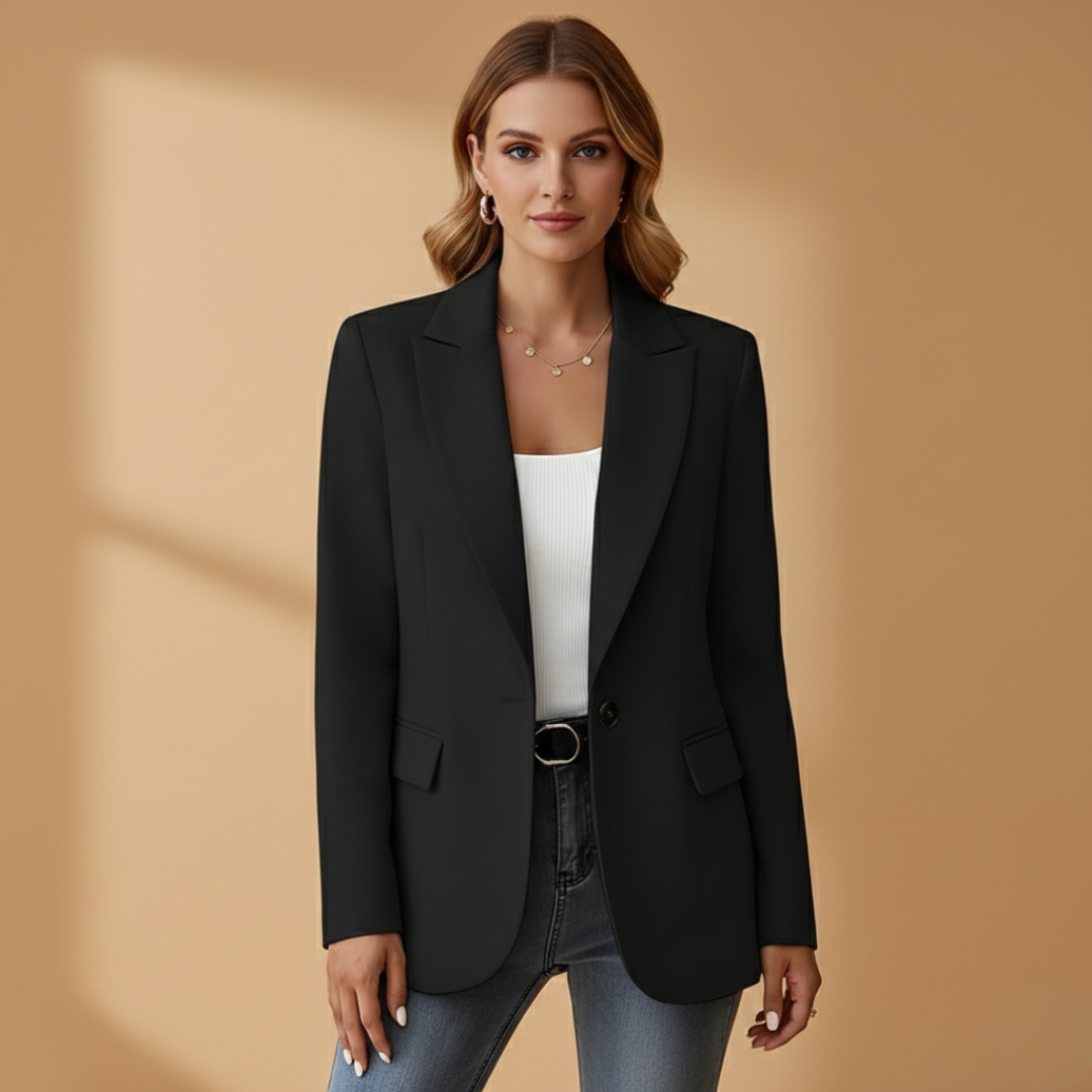 Bella Women's Blazer featuring a stylish notched lapel and functional flap pockets, perfect for professional and casual outfits. 0