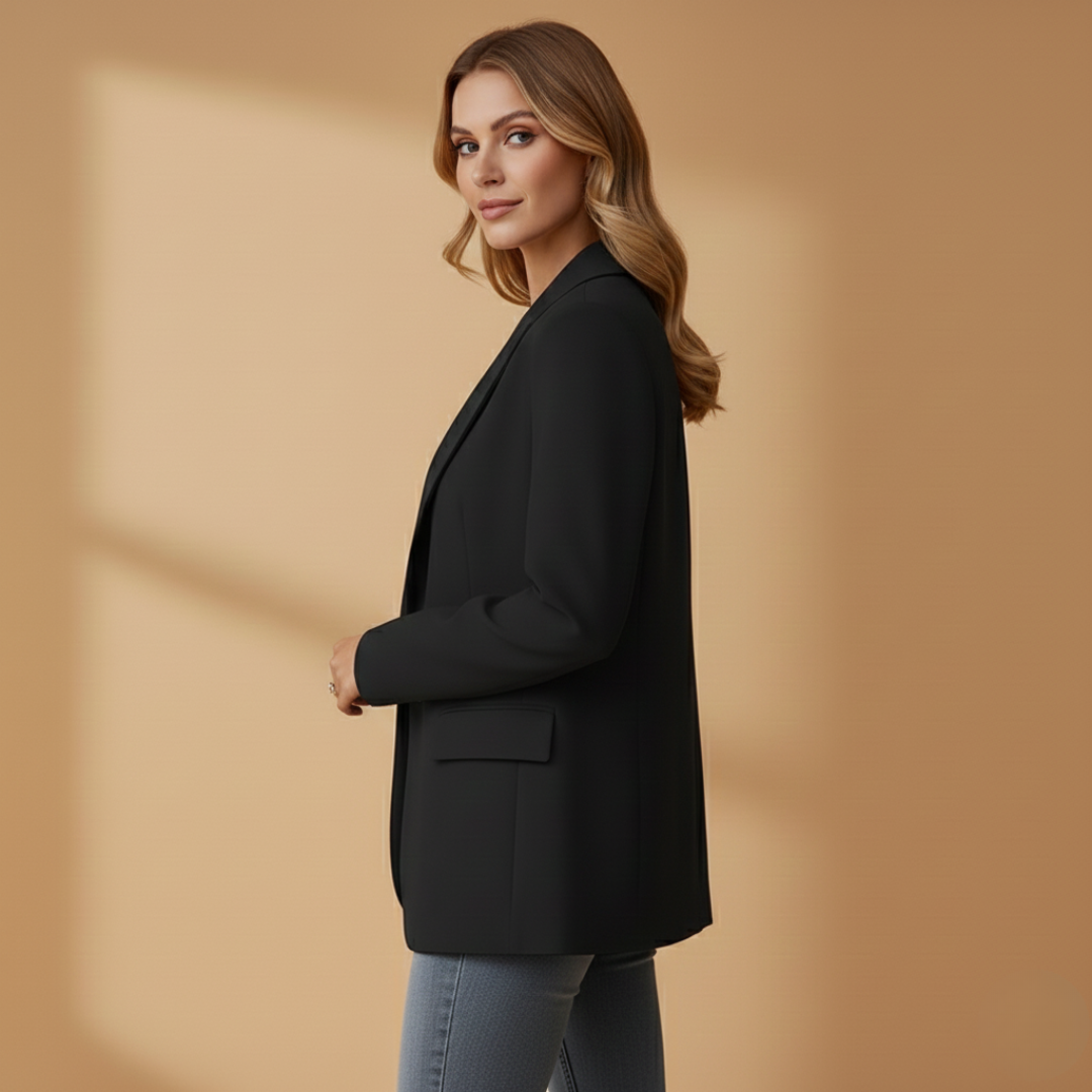 Bella Women's Blazer featuring a stylish notched lapel and functional flap pockets, perfect for professional and casual outfits. 2