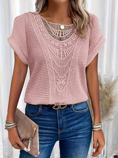 Bella Women’s Blouse featuring a decorative crochet neckline and short sleeves, perfect for casual and formal occasions. 4
