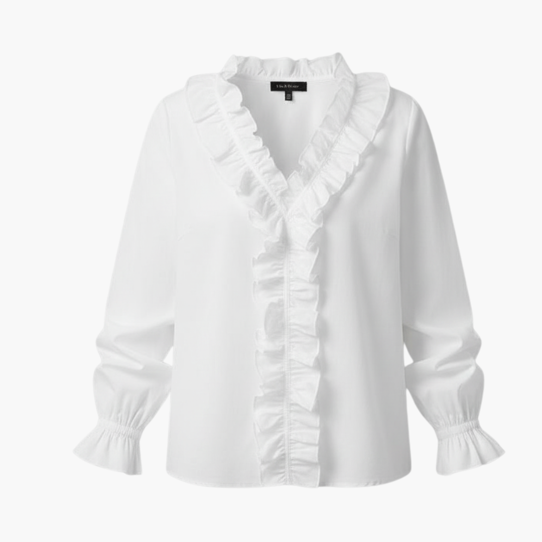 Bella Women's blouse featuring a stylish V-neckline, elegant ruffle detail, and long sleeves, perfect for both casual and formal occasions. 1